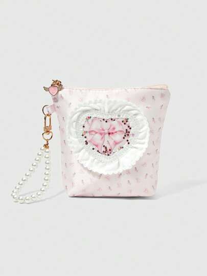 Kawaii Borsa trucco portatile trapezoidale bianca di grande capacità, con disegno di fiori e pizzo, fiocco decorativo e perline