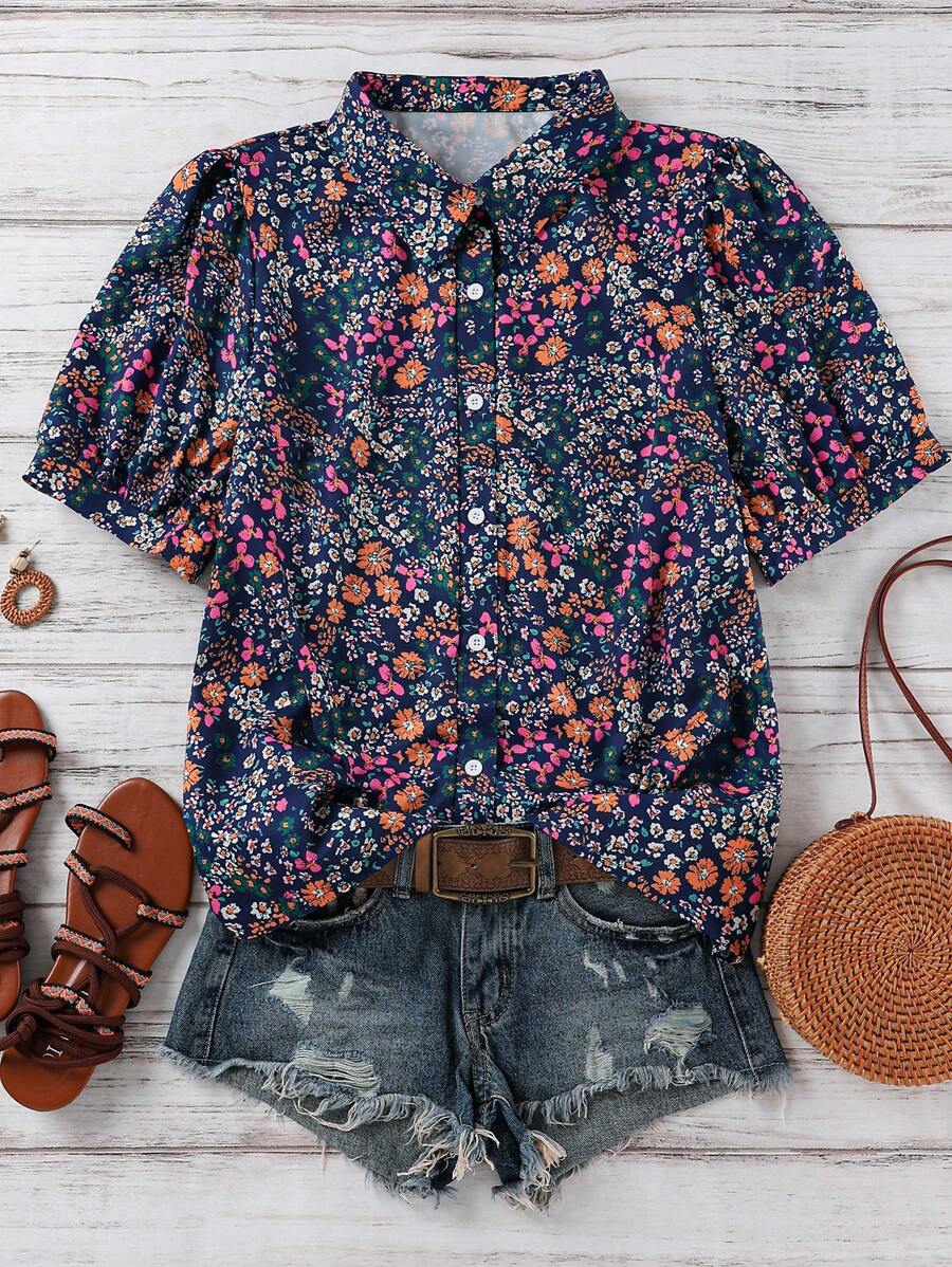 SHEIN LUNE Plus Size Ditsy Floral Puff Sleeve Casual Vacation Shirt - Navy Blue - View 1