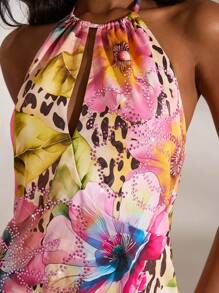 Opulessa Vestido mini con estampado de leopardo y floral con espalda descubierta para mujer