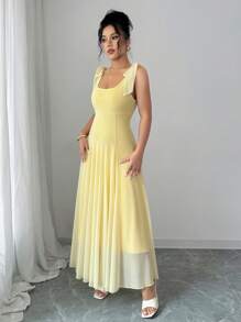 Rafferiza 优雅无袖 U 领蝴蝶结装饰针织拼布聚酰胺网眼黄色女式春夏连衣裙 - 黃色 - 查看 3