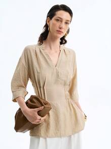 Aalyst 简约优雅亚麻混纺束腰女式衬衫 - 杏色 - 查看 6