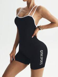 SHEIN Sport Studio Women's Solid Color Seamless Criss-Cross Contrast Color Sports Jumpsuit