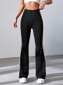 SHEIN EZwear Spring Black Striped Tape Flare Leg Pants