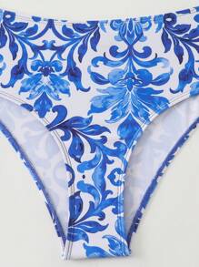 Swim Oasis 3 sztuki/zestaw Letnie wakacje Niebieski i biały kwiatowy nadruk Kobiety Bikini Set z koronkowymi paskami i metalowymi dekoracjami, strój plażowy