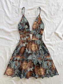 Soleia Casual Resort Style Blue Sun God Paisley & Cashew Retro Pattern Women's V-Neck Hollow-Out, Backless Ruffled Hem Mini Dress, Suitable For Summer Vacation,Boho Clothes Women