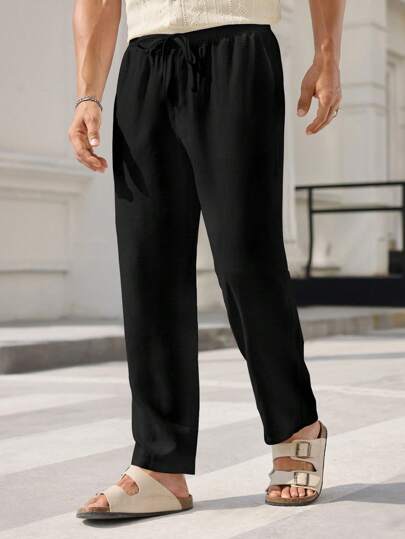 Manfinity BRENVOR Men's Woven Straight Leg Casual Pants, Mid-Rise, Suitable For Everyday Wear Black Linen Pants, Drawstring Loose Pants, Fall