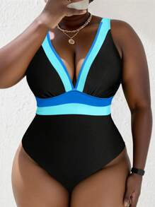 SHEIN Swim Curve Traje de baño de una pieza con cuello en V profundo, efecto bicolor y espalda descubierta, adecuado para mujer talla grande, perfecto para el verano y la playa