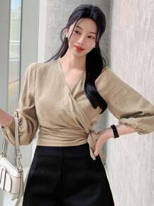 DAZY 女式纯色斜领长袖休闲秋季衬衫学院风上衣 - 杏色 - 查看 4