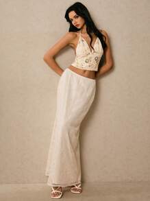 Poéselle 杏色刺绣半身裙，蕾丝刺绣半身裙，精致优雅，女士花卉提花弹力腰半身裙，适合度假、日常穿着、外出、通勤、约会、旅游等各种场合。 - 橄欖綠 - 查看 3