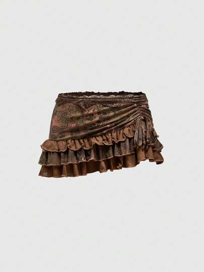 Jupe mini à taille basse imprimée de paisley vintage hippie pour femmes avec volants et rubans en dentelle