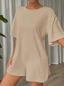 SHEIN EZwear Mono negro holgado de talla grande con escote en V profundo, para primavera/verano - Caqui - Ver 3