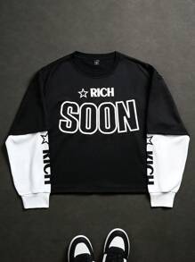 Manfinity EMRG Men's Crew Neck Letter Print Casual Mock Layer Pullover Sweatshirt ,Summer , Men Tops Long Sleeve , Rock Shirts
