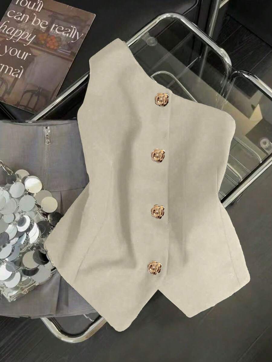 Franclia Fashionable & Elegant Versatile S-Shaped Metal Buckle Decor Sexy Asymmetrical Neck Black Top For Women, Spring/Summer - Apricot - View 1