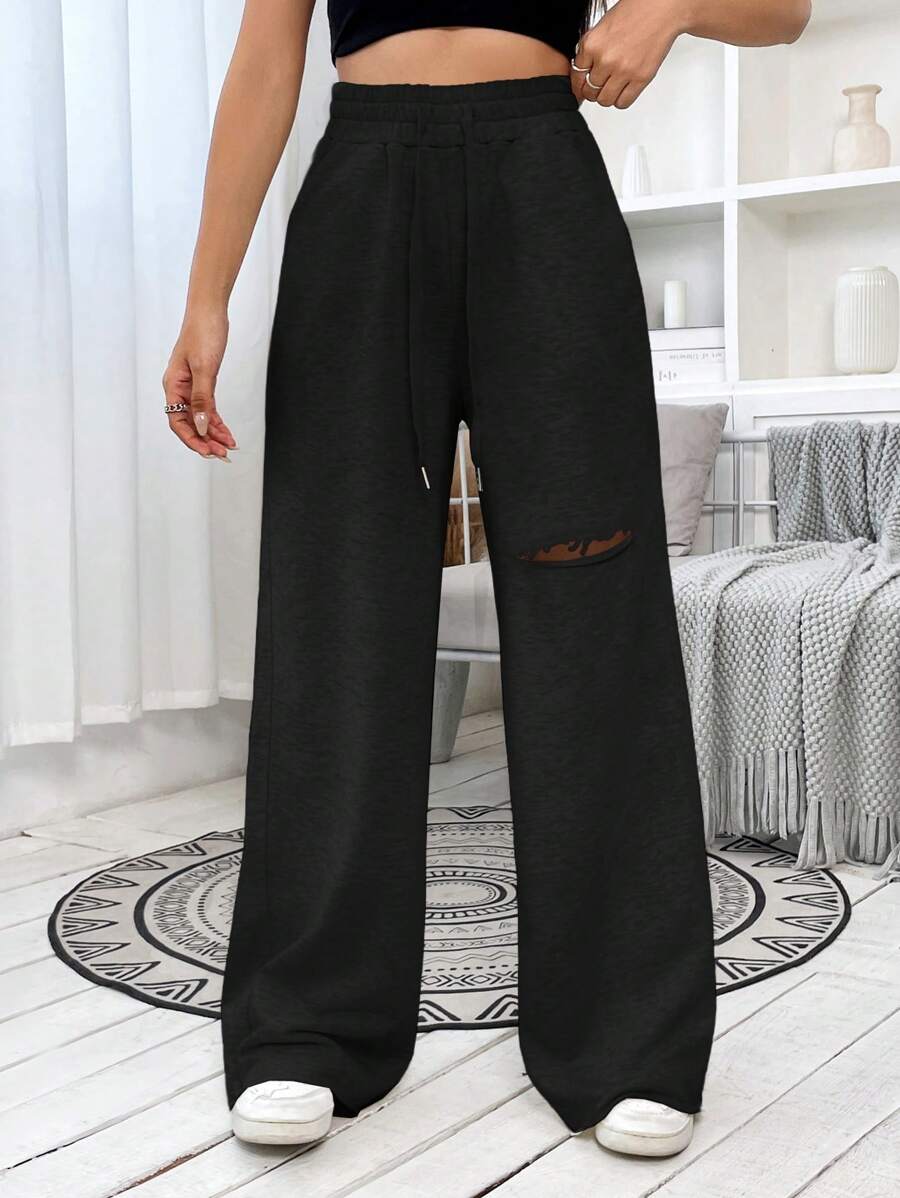 SHEIN EZwear 女式黑色抽绳腰阔腿休闲运动裤 - 黑色 - 查看 1