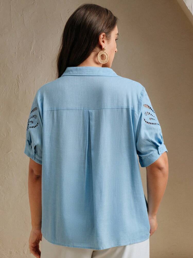 Elegant Office Linen Woven Hollow Embroidery Striped Shirt Collar Short Sleeve Blouse For Women