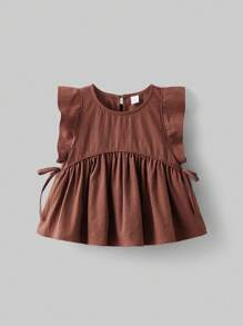 Ontre Blusa de niña con cuello redondo, dobladillo con volantes y mangas cortas lindas - Óxido marrón - Ver 1