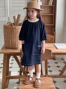 Hapijoa 少女圆领休闲水洗韩版可爱中长牛仔连衣裙 - 深色水洗藍 - 查看 5