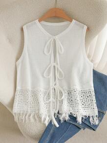 CosyJoli Plus Size Summer Casual Solid Color Lace Patchwork Tie-Up Tank Top - White - View 3