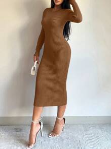 EURMUSE 女款純色修身毛衣連身裙 - 摩卡棕 - 查看 4