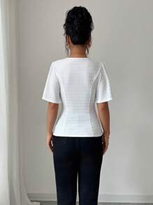 Elenzga Camiseta elegante de unicolor con mangas de volantes y cuello en V con textura, blusa de corte peplum adecuada para vacaciones de primavera/verano