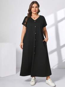 SHEIN Essnce Robe longue ample et confortable à manches courtes noire col en V avec poches, style mode décontracté printemps et été pour les femmes de grande taille. Tenues d'été pour femmes, vêtements d'église pour femmes, style Old Money pour femmes, tenues d'enseignante pour femmes, tenue d'aéroport pour femmes