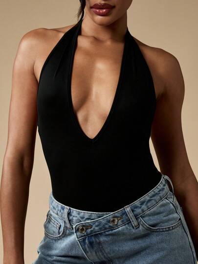 MISSGUIDED Áo liền thân cổ chữ V khoét sâu, hở lưng, thích hợp cho tiệc tối, câu lạc bộ, khiêu vũ, lễ hội, các dịp đặc biệt, ôm sát cơ thể, thiết kế thời trang cao cấp.