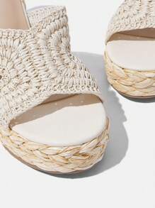 Styleloop 女士编织绳厚底坡跟凉鞋，度假风格波西米亚风复古美式西部音乐节派对厚底鞋 - 米色 - 查看 3