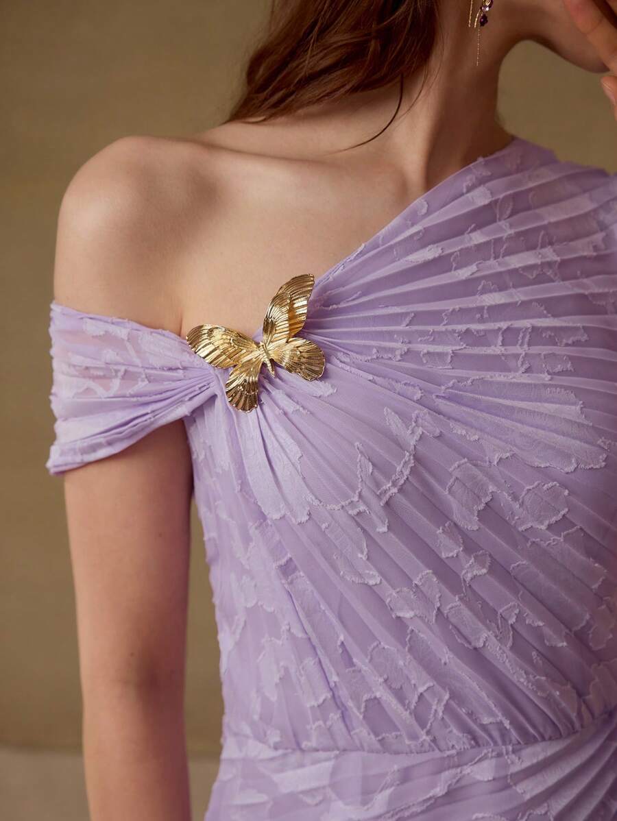 MOTF STUDIO 金属蝴蝶装饰褶皱连衣裙 - 紫色 - 查看 1