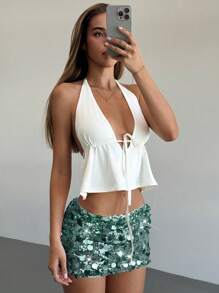 Aloruh 音乐节年轻女士百搭低腰粉色亮片迷你短裤 - 綠色 - 查看 6