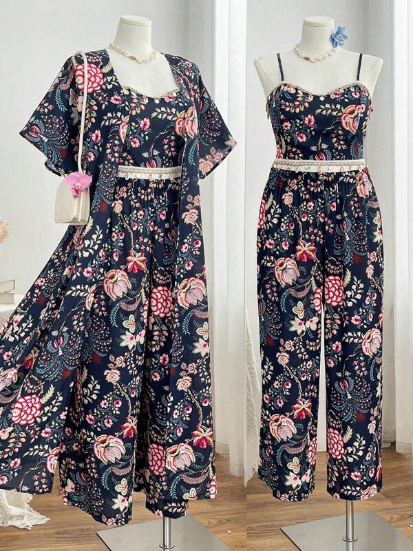 SHEIN MOOSTA 3 Stücke/Set Große Größen Urlaubsstil Cami Top, Rock und offene Strickjacke Set