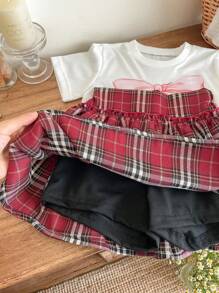 SHEIN 2pcs/Set Young Girl Cherry Pattern Round Neck T-Shirt + Woven A-Line Skirt With Leggings Safety Shorts Suit - Red - View 6