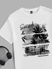 VIVINTIMO 时尚休闲成熟节日涂鸦度假海滩椰子树风景字母组合图形印花标准尺码男士修身短袖T恤，完美适合夏季户外海滩城市度假约会派对必备搭配，适合情侣、家庭、棕榈树T恤沙滩男士 - 白色 - 查看 2