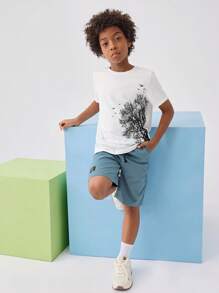 SHEIN Tween Boy Tree & Bird Print Tee & Drawstring Waist Shorts