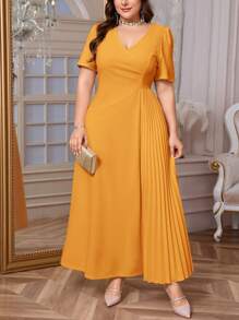 Firerie 大码舒适休闲优雅褶饰宽松弹力面试/派对迷你短袖连衣裙，春夏季 - 黃色 - 查看 4