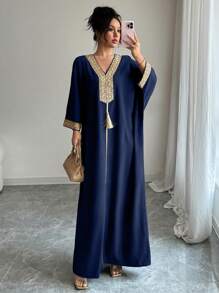 Rafferiza 女士中东风格金色丝带花卉装饰流苏吊坠长裙