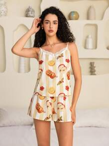 SHEIN Touch of Art Ensemble de pyjama femme avec débardeur à fleurs, rayures, dentelle et shorts. Avec une illustration imprimée de fruits et de fleurs de Joris Hoefnagel. Style romantique vintage et confortable, parfait pour le printemps et l'été. - Kaki - Voir 4