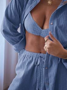 Aralina Conjunto de verano de 2 piezas con top tipo bralette fruncido a rayas y short con cordón a la cintura - Azul - Ver 5