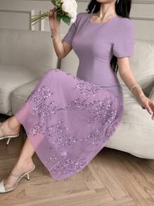 DAZY فستان نسائي أنيق طويل بياقة مستديرة وأكمام قصيرة مرصع بالترتر، فستان سهرة فاخر للنساء في فصل الصيف، فستان كرنفال لامع - الأرجواني - مشاهدة 4