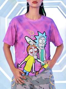 Rick and Morty X SHEIN 卡通图案扎染圆领短袖T恤，夏季 - 紫色 - 查看 3