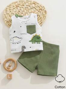 SHEIN Bộ 2 món/Bộ quần áo mùa hè cho bé trai sơ sinh, áo ba lỗ in hình khủng long hoạt hình + quần short cạp chun, trang phục cotton mềm mại thoải mái đơn giản dễ thương, thích hợp cho hoạt động ngoài trời, từ 0-9 tháng tuổi - màu xanh lá - Xem 2