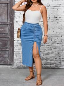 SHEIN MOD Váy chữ A denim giản dị có dây rút bên hông cỡ lớn dành cho nữ - Màu xanh lam - Xem 6