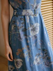 MOTF PREMIUM 花卉印花腰带牛仔连衣裙 - 藍色 - 查看 3