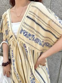 FRIFUL 女士撞色条纹印花度假风宽松大码深V领连衣裙，夏季女装，夏季套装，女士工作装，夏季连衣裙，舞会礼服 - 杏色 - 查看 6