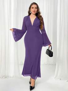 Firerie Vestido largo de malla con cuello en V profundo, mangas largas abombadas y doble volante, de color marrón sólido, talla grande, para mujer - Morado - Ver 6