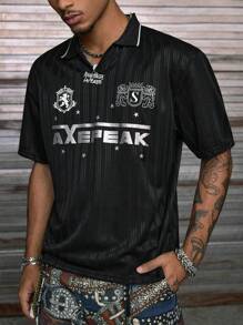 AXEPEAK 男士字母印花短袖休闲 Polo 衫，夏季，街头风 - 黑色 - 查看 3