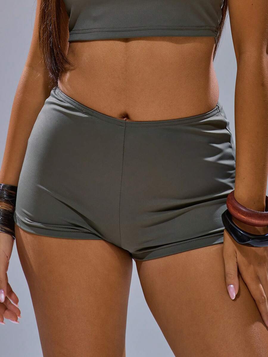 MUSERA Fitted Slinky Jersey Mini Shorts , Summer, Streetwear, Y2k, Cool Girl,City Muse Vacation - Olive Green - View 1