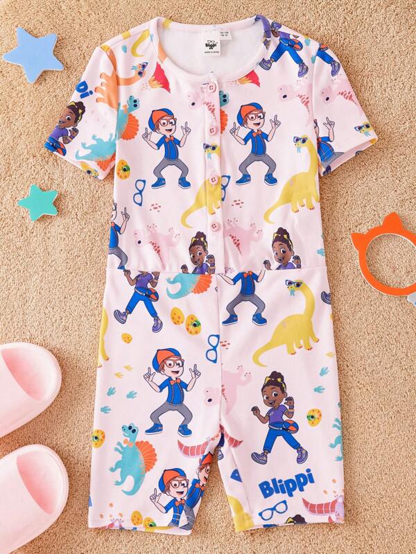 Blippi X SHEIN Pijama mono con estampado colorido de dinosaurio rosado, tierno y cómodo, para niña
