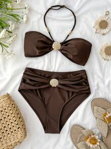 SHEIN Teen Girls Brown Summer Elegant Vacation Metal Shell Beaded Halter High Waisted Tummy Control ,Summer Beach Seashell Bikini Brown High Waist Bikini - Coffee Brown - View 3