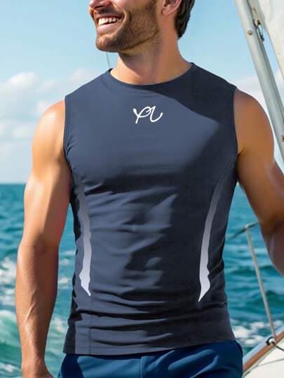 Manfinity Swimmode Men's Holiday Beach Letter Print Surfing Tank Top Rash Guard Men Men Rashguard Swim Shirt Men Men's Swim Shirt