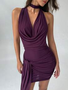 Aloruh New Stylish Backless Ruched Tied Bodycon Mini Dress With Romantic Purple Color - Purple - View 4